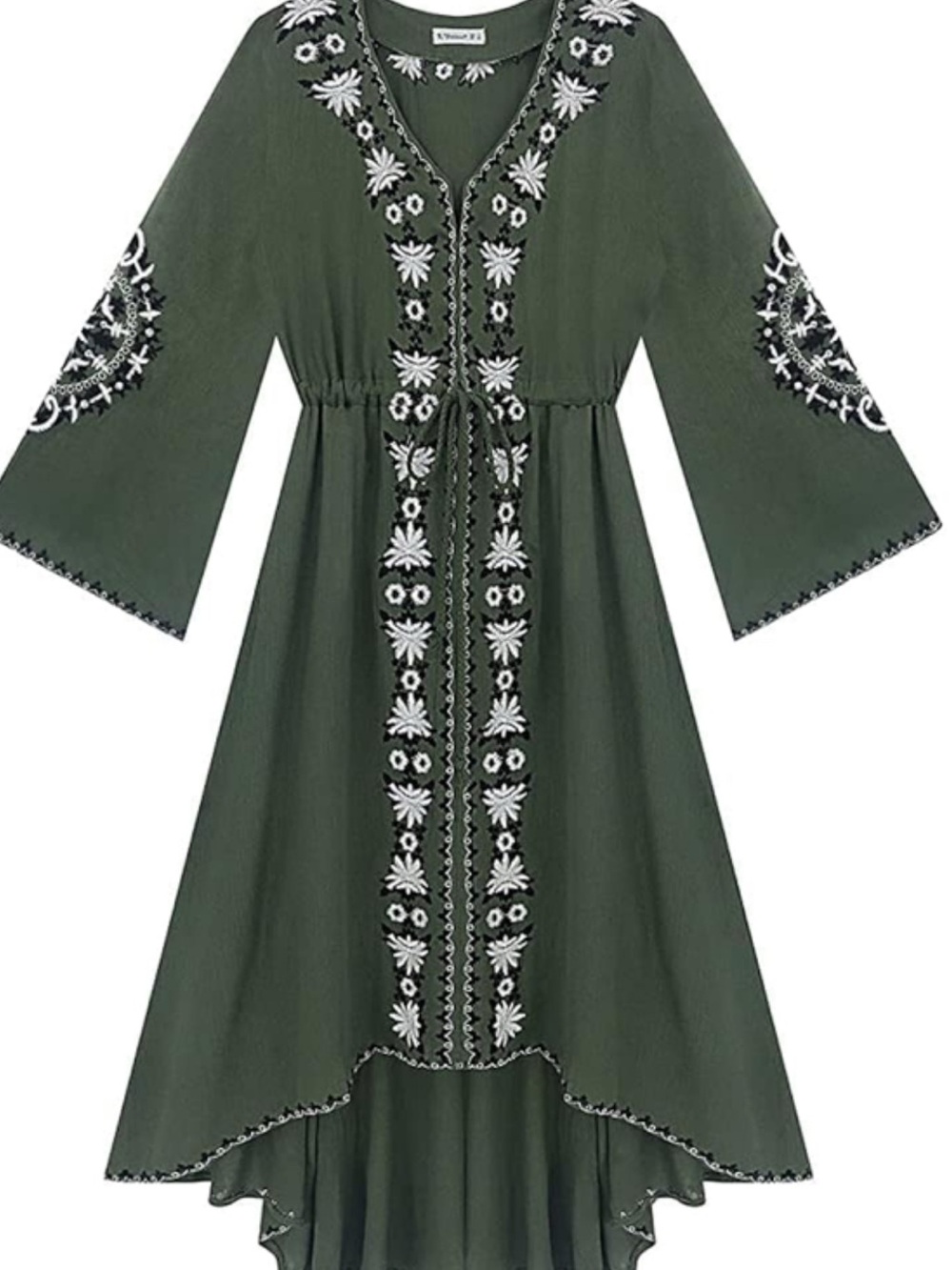 Boho Olive Green Embroidered High-Low Dress with Drawstring Waist